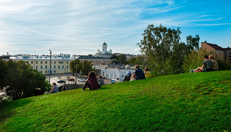 View of the city of Helsinki from a park